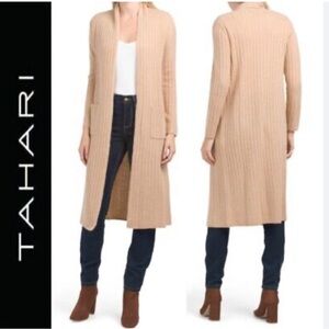 Tahari Open Front Long Duster Cardigan in Beige Size XS